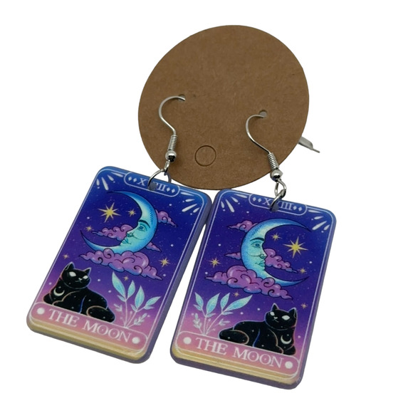 Tarot Card Moon Black Cat Earrings Celestial Magic Mystical Goth w/ Gift Box NEW - Picture 3 of 6